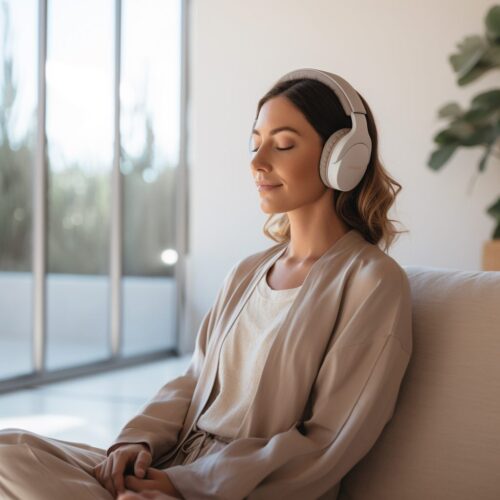 Woman meditating while wearing a headphone