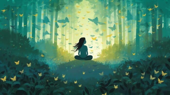 A person meditating in a scenic forest