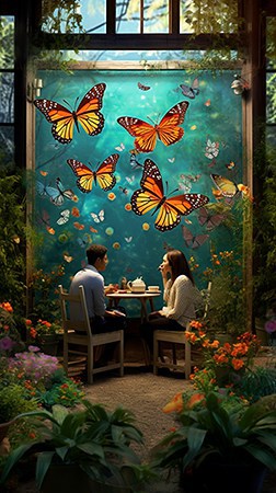 Man and woman talking in a garden with butterflies