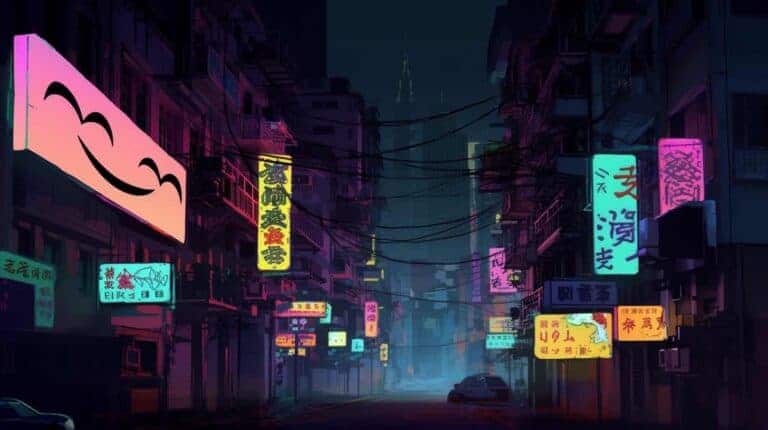 A street filled with neon signs with smiling faces on them