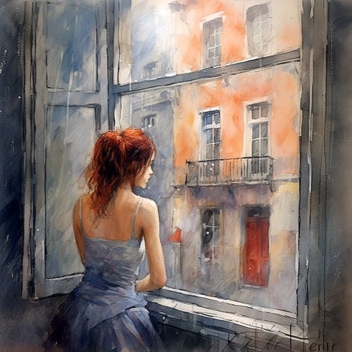 Woman gazes outside the window