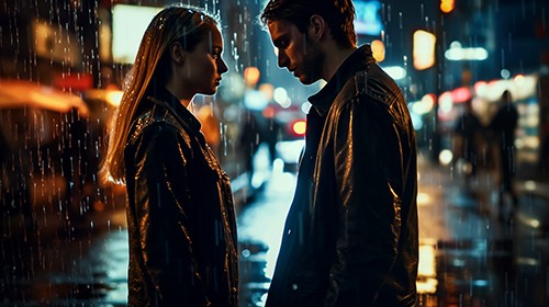 Man and woman talking in the rain